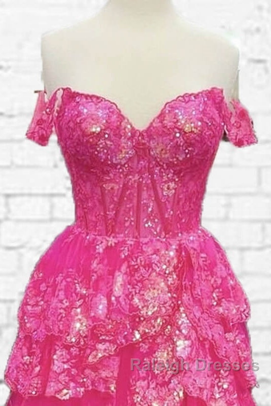 Hot Pink Lace Off Shoulder Tiered Prom Dress With Slit