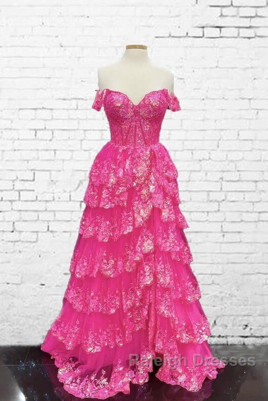 Hot Pink Lace Off Shoulder Tiered Prom Dress With Slit