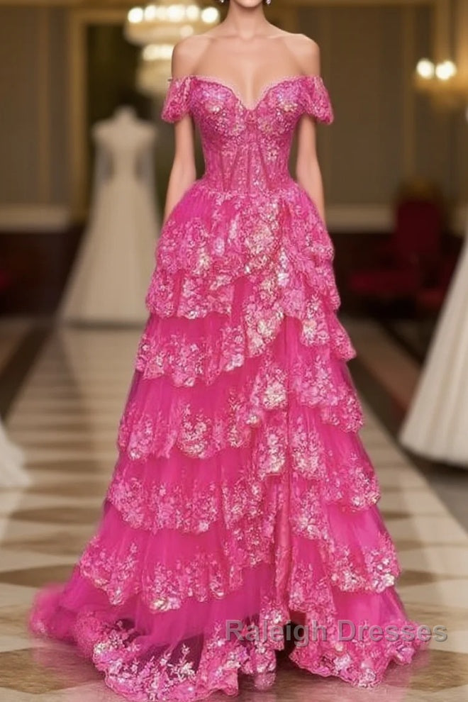 Hot Pink Lace Off Shoulder Tiered Prom Dresses With Slit Main image