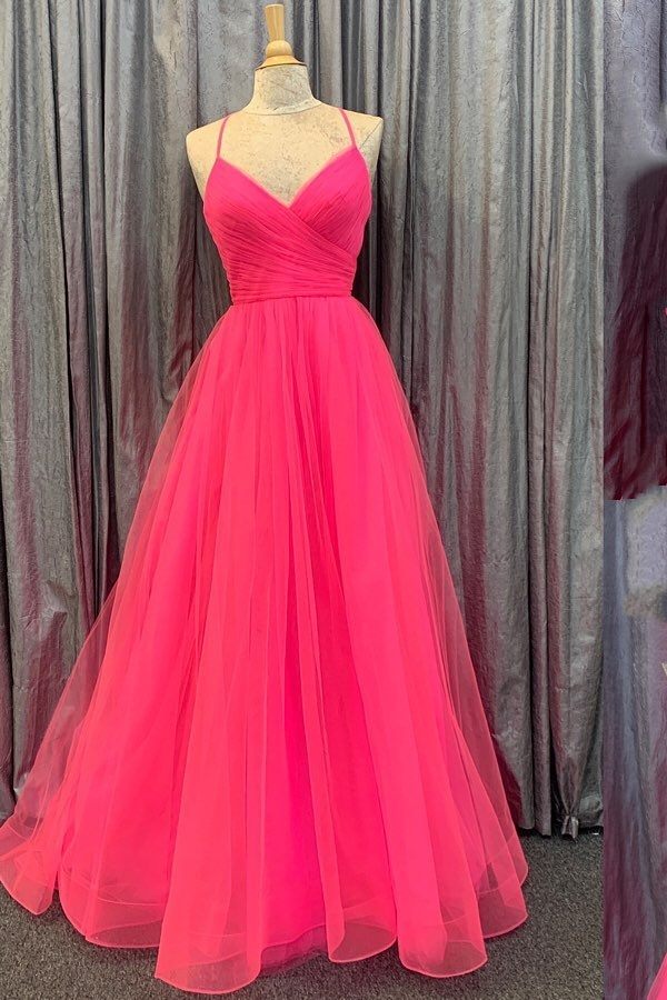Hot Pink V-Neck Lace-Up Back Pleated A-Line Tulle Empire-Waist Long Prom Dresses Main image