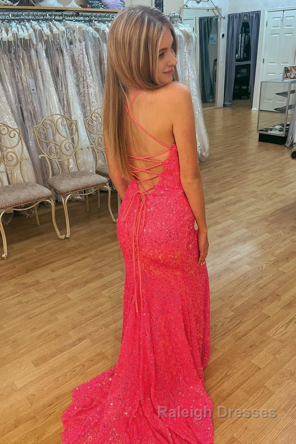 Hot Pink Lace-Up Back Sequins Prom Dress Secondary image