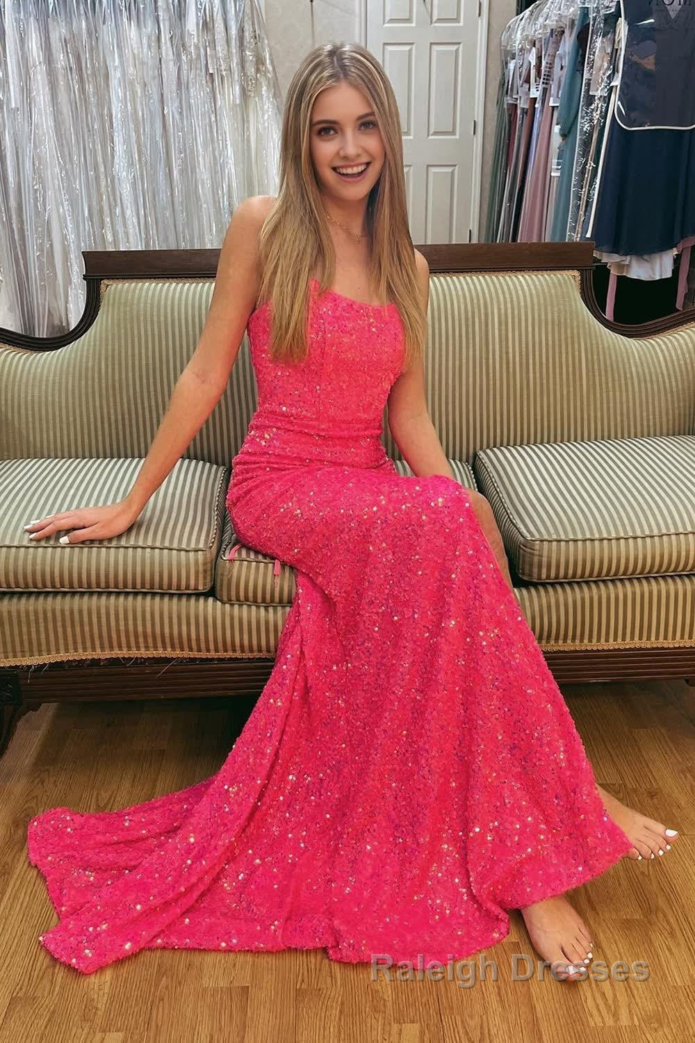 Hot Pink Lace-Up Back Sequins Prom Dress Main image