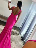 Hot Pink Mermaid Deep V-Neck Beaded Satin Long Prom Dress