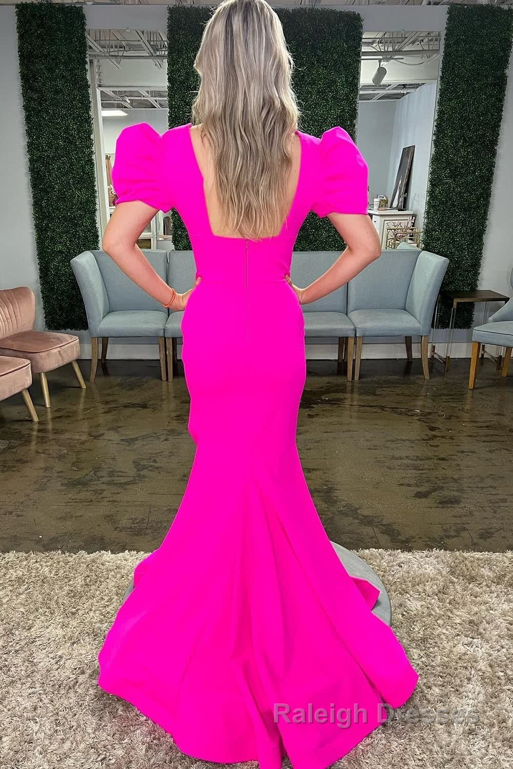 Hot Pink Mermaid Deep V Neck Long Prom Dress with Slit Secondary image