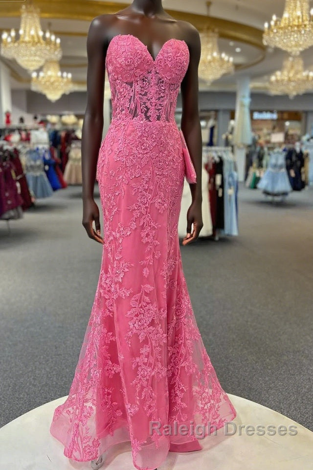 Hot Pink Mermaid Lace Prom Dresses, Hot Pink Mermaid Lace Formal Evening Dresses Main image