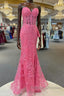 Hot Pink Mermaid Lace Prom Dresses, Hot Pink Mermaid Lace Formal Evening Dresses