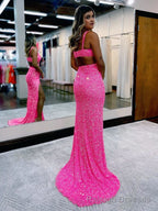 Hot Pink Mermaid V Neck Sequins Prom Dress with Slit
