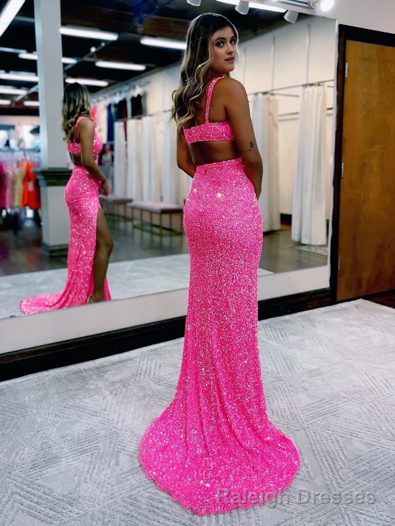 Hot Pink Mermaid V Neck Sequins Prom Dress with Slit