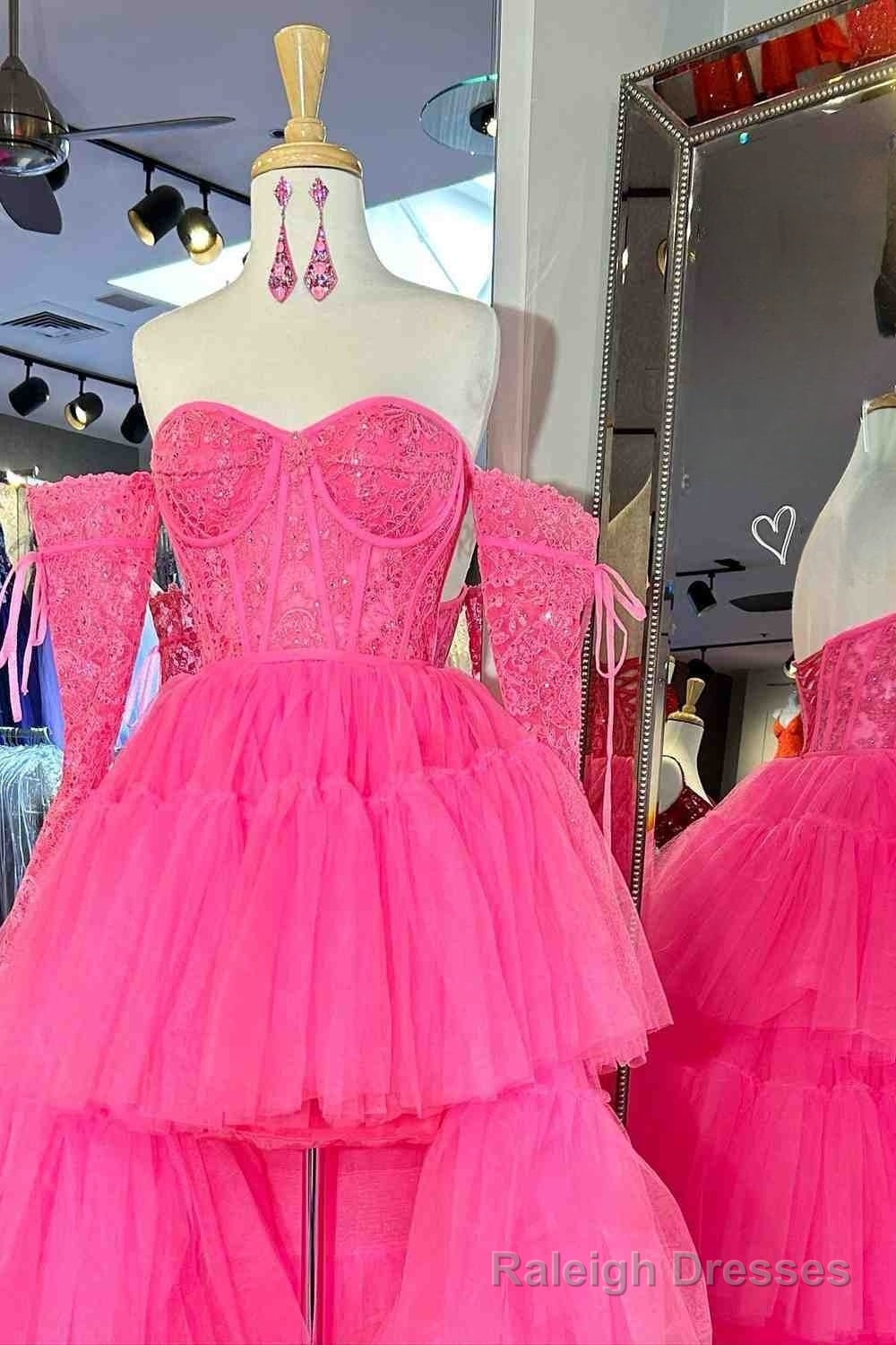Hot Pink Off-Shoulder A-line Tulle Layers Applique Hi-Low Prom Dress Secondary image