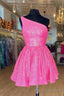 Hot Pink One Shoulder A Line Short Homecoming Dress Sequins