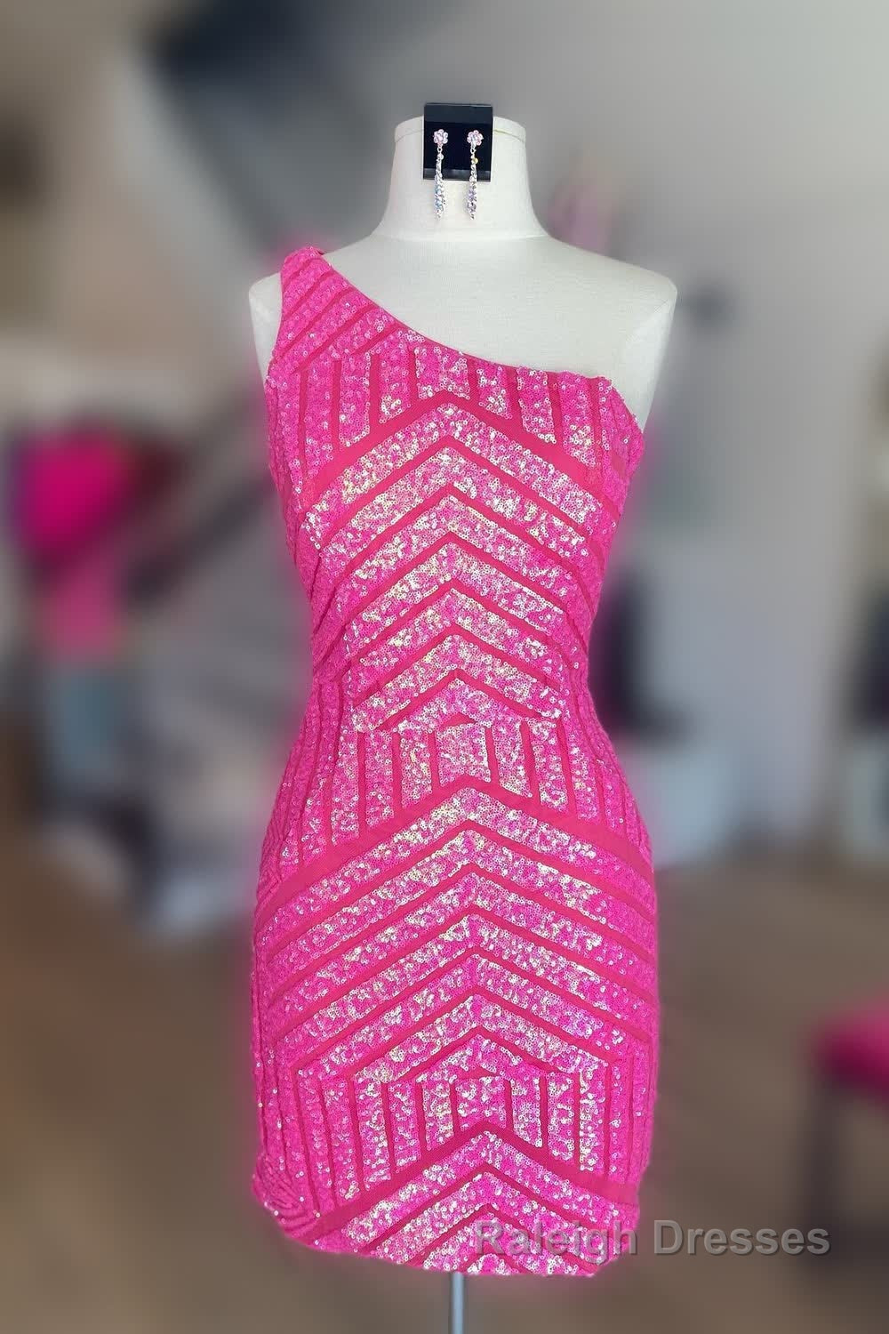 Hot Pink One Shoulder Sequins Tight Short Homecoming Dress Secondary image