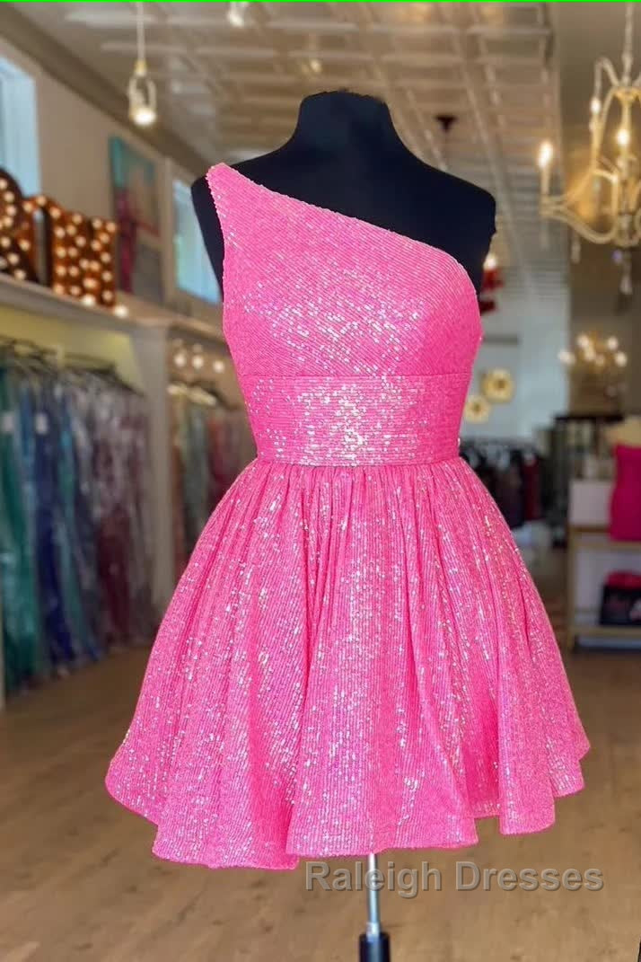 Hot Pink Prom Dress One Shoulder A Line Short Homecoming Dress Sequins Secondary image