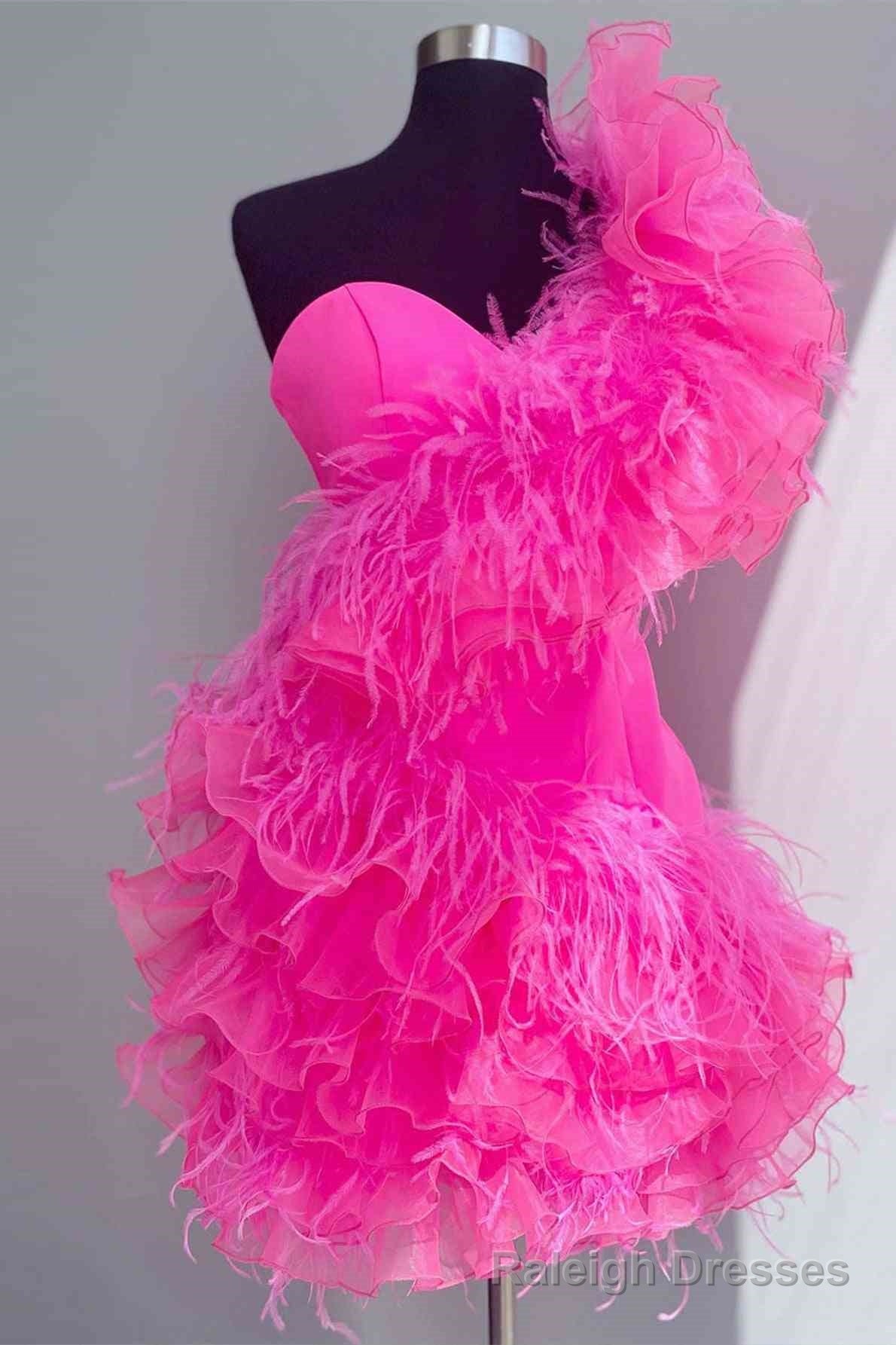 Hot Pink Ruffled Short Homecoming Dress with Feathers Main image