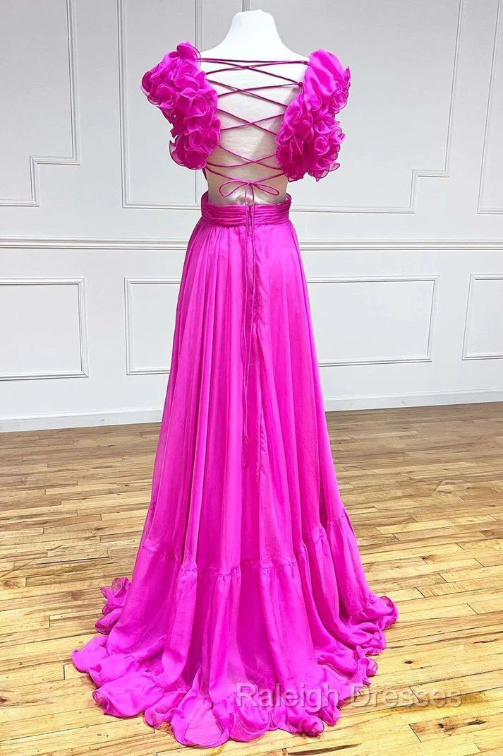 Hot Pink Ruffles Lace-Up Back A-Line Prom Dress, Formal Evening Dresses Secondary image