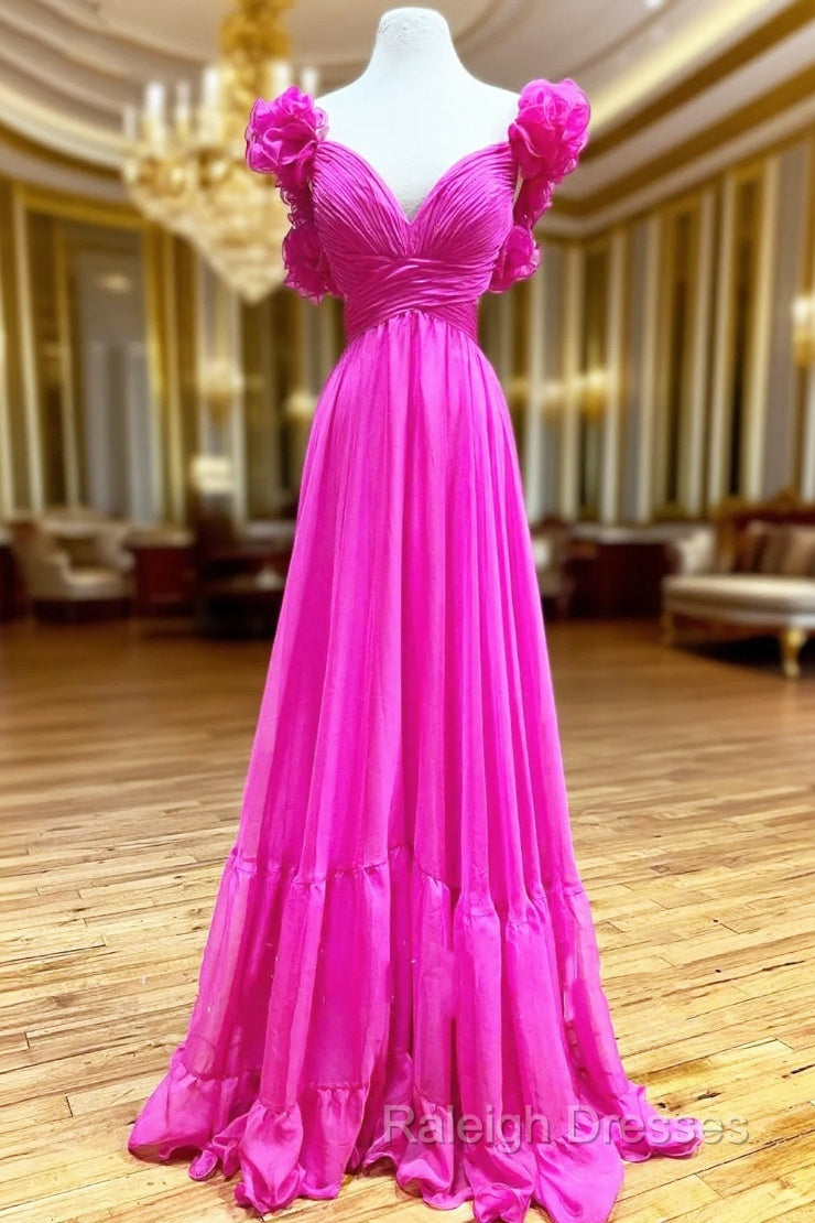 Hot Pink Ruffles Lace-Up Back A-Line Prom Dress, Formal Evening Dresses Main image