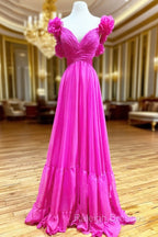 Hot Pink Ruffles Lace-Up Back A-Line Prom Dress, Formal Evening Dresses