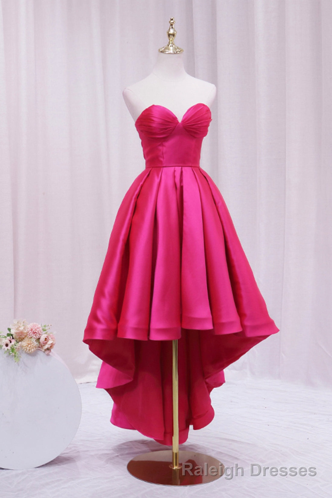 Hot Pink Satin High Low Prom Dress, Cute Sweetheart Neck Evening Party Dress Secondary image
