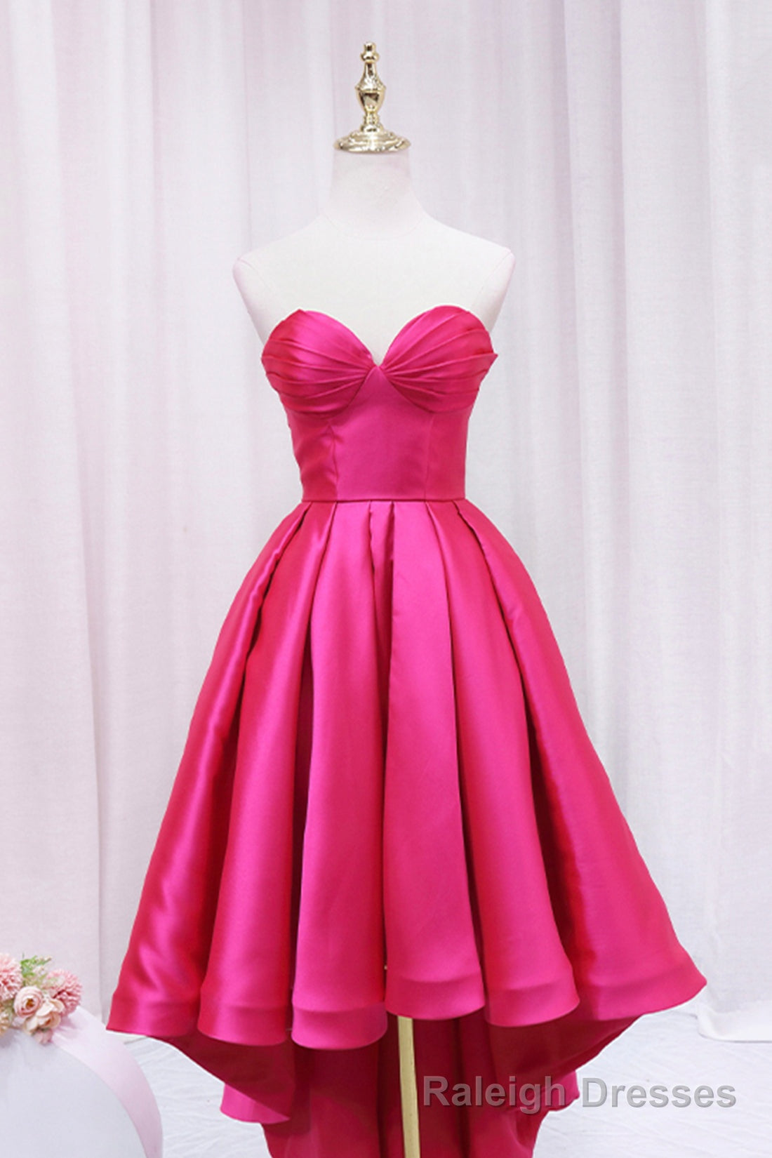 Hot Pink Satin High Low Prom Dress, Cute Sweetheart Neck Evening Party Dress Main image