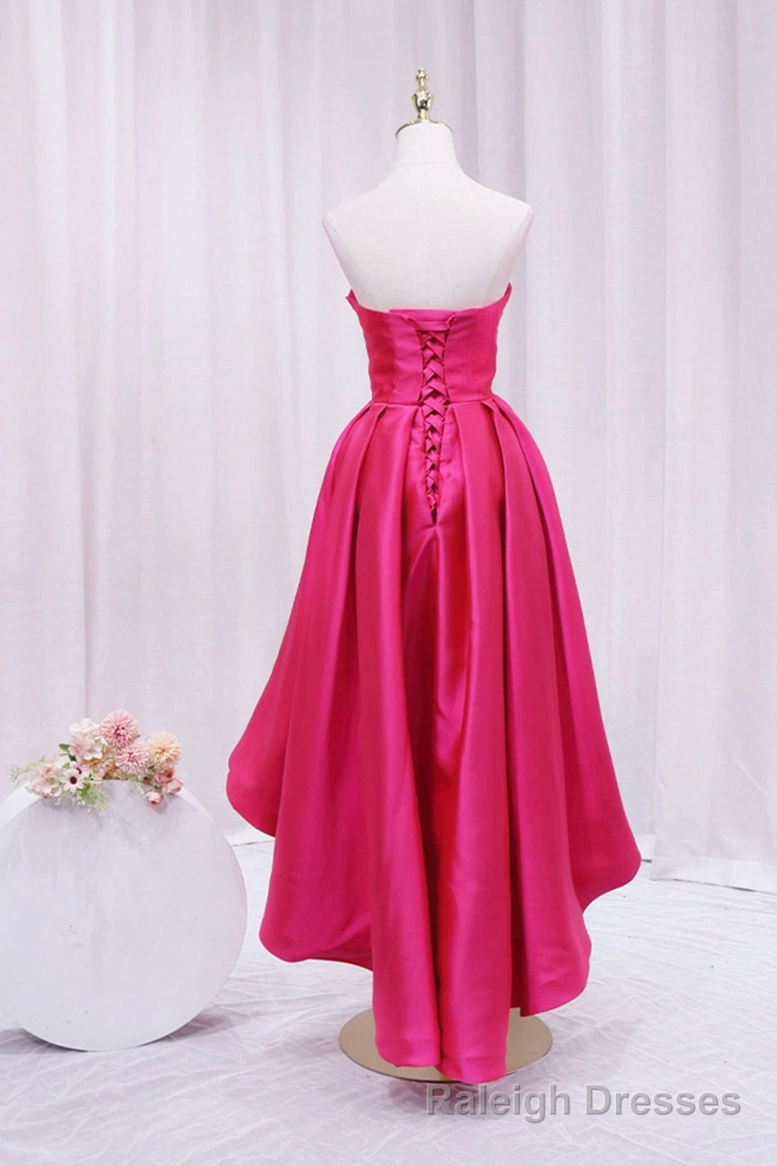 Hot Pink Satin High Low Prom Dress, Cute Sweetheart Neck Prom Prom Dress
