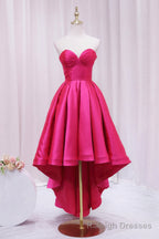 Hot Pink Satin High Low Prom Dress, Cute Sweetheart Neck Prom Prom Dress
