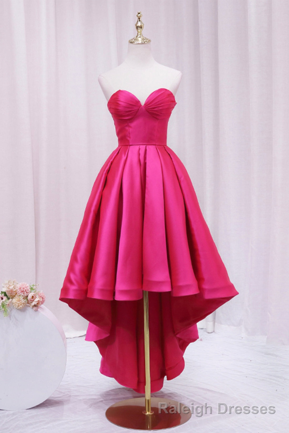 Hot Pink Satin High Low Prom Dress, Cute Sweetheart Neck Prom Prom Dress