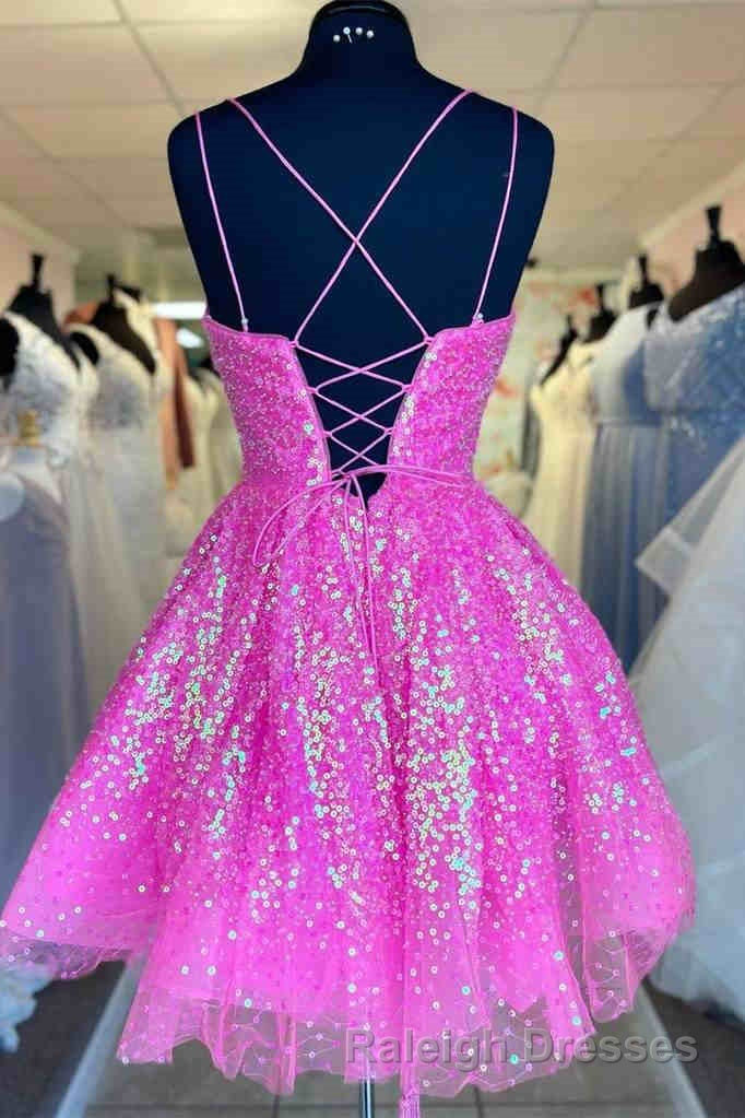 Hot Pink Sequins A-Line Homecoming Dress Secondary image