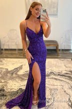 Hot Pink Sequins Glitter Prom Dress with Slit
