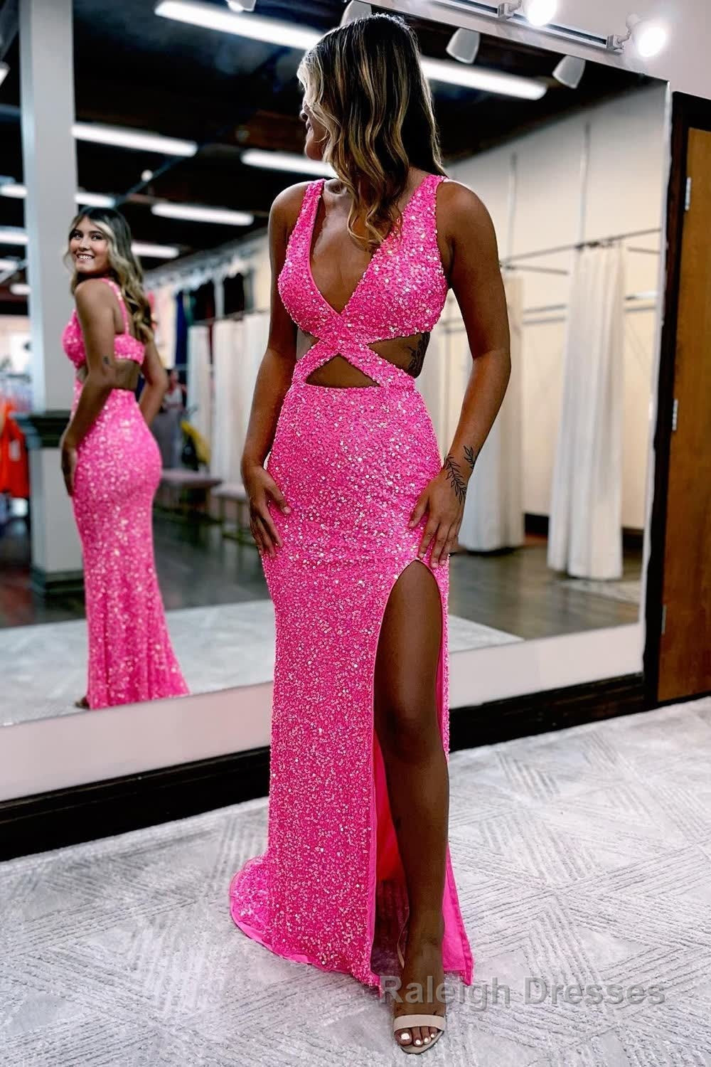 Hot Pink Sequins Hollow-Out Mermaid Prom Dress Main image