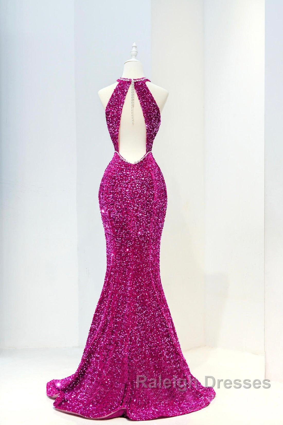Hot Pink Sequins Long Prom Dress, Mermaid Backless Evening Dress Secondary image