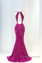 Hot Pink Sequins Long Prom Dress, Mermaid Backless Evening Dress