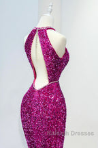 Hot Pink Sequins Long Prom Dresses Mermaid Backless Prom Dresses