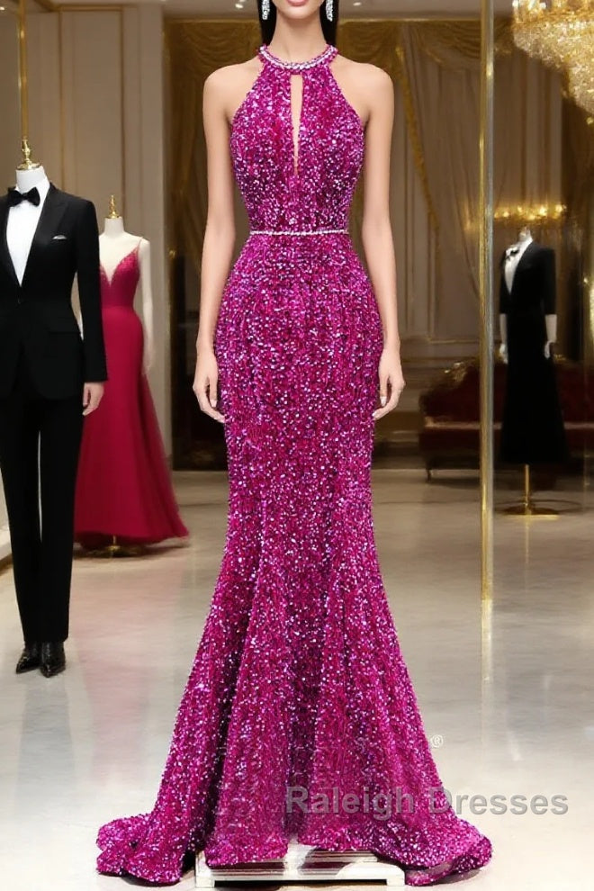 Hot Pink Sequins Long Prom Dresses Mermaid Backless Prom Dresses Main image