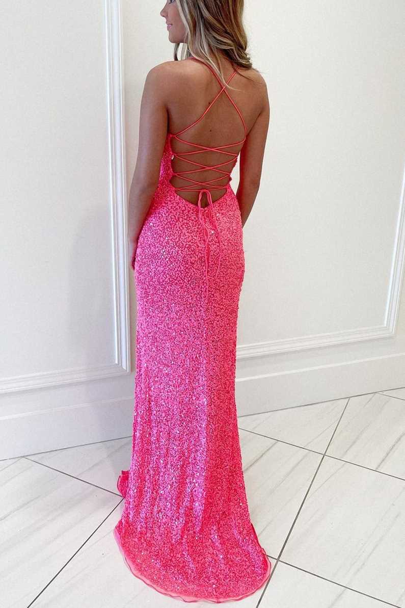 Hot Pink Sequins Mermaid Long Prom Dresses Secondary image