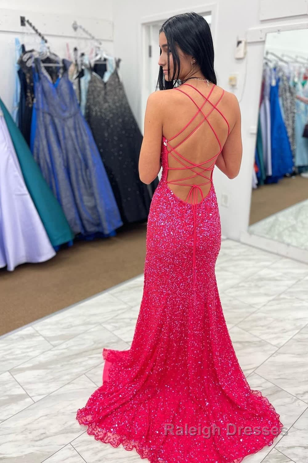 Hot Pink Sequins Mermaid Prom Dress with Fringes Secondary image