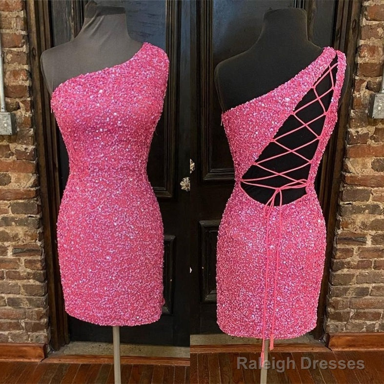 Hot Pink Sequins Tight One Shoulder Homecoming Dress