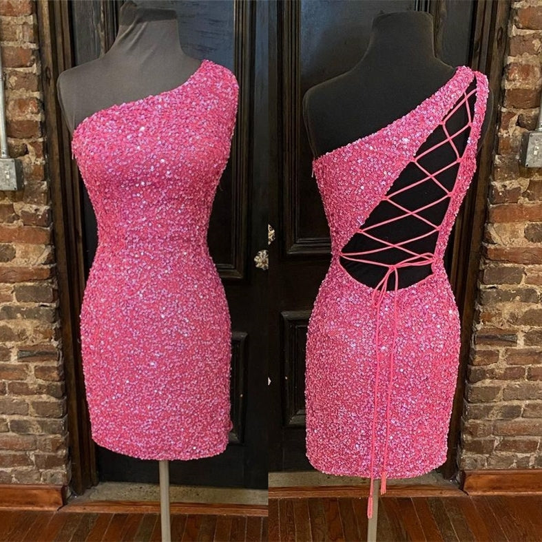 Hot Pink Sequins Tight One Shoulder Homecoming Dresses Main image