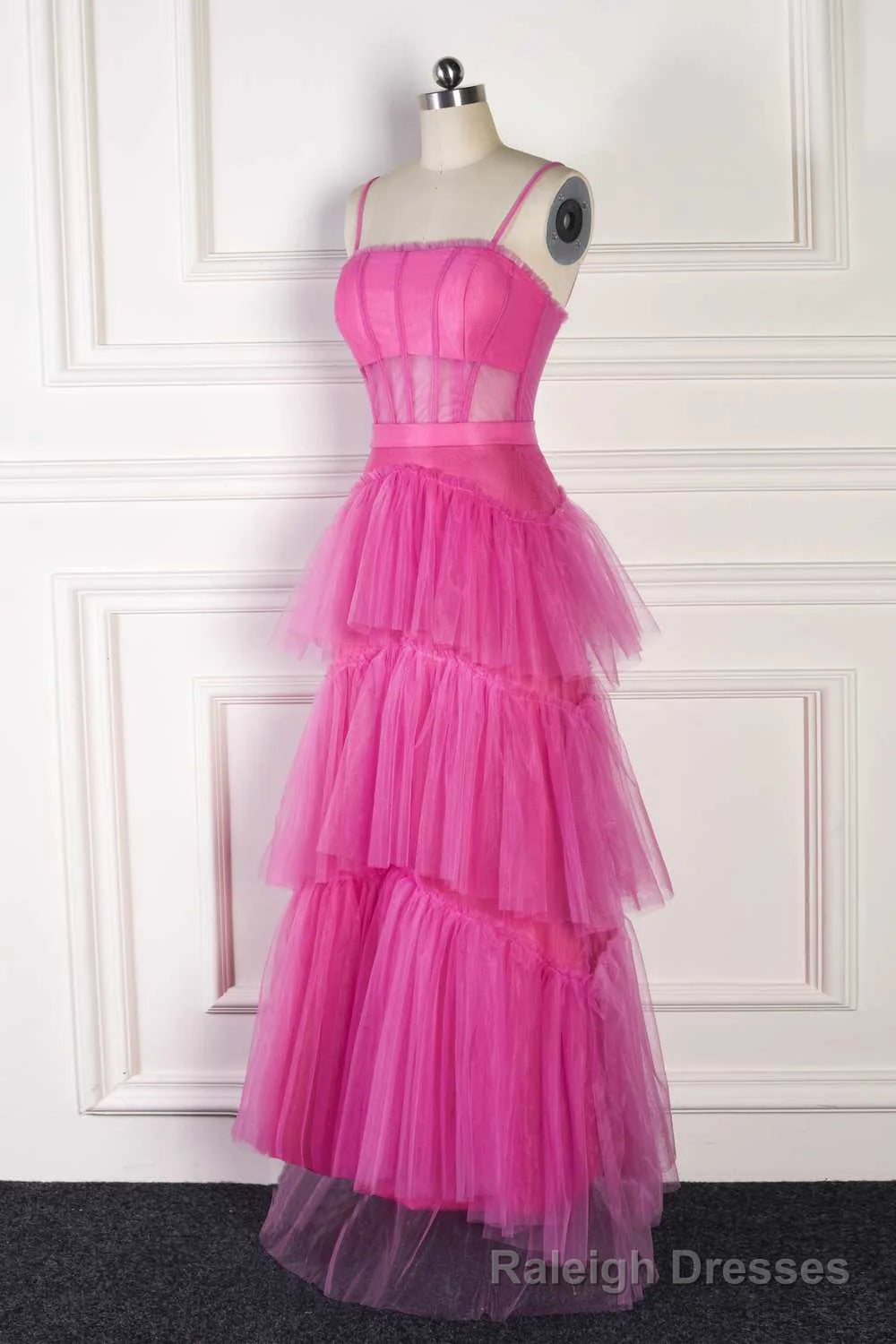 Hot Pink Spaghetti Straps A-Line Tulle Tiered Long Party Dress Secondary image