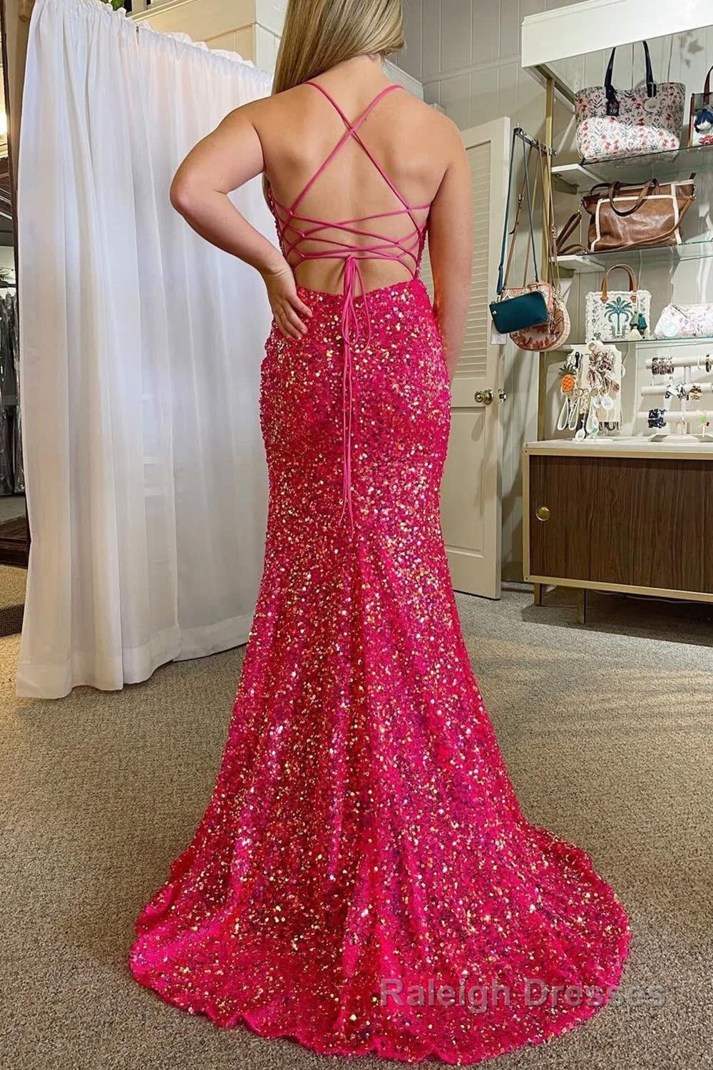 Hot Pink Spaghetti Straps Mermaid Sequined Prom Dress With Slit Secondary image