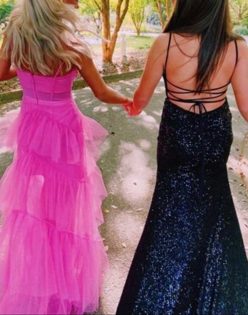 Hot Pink Straps Tiered A-Line Long Prom Dresses
