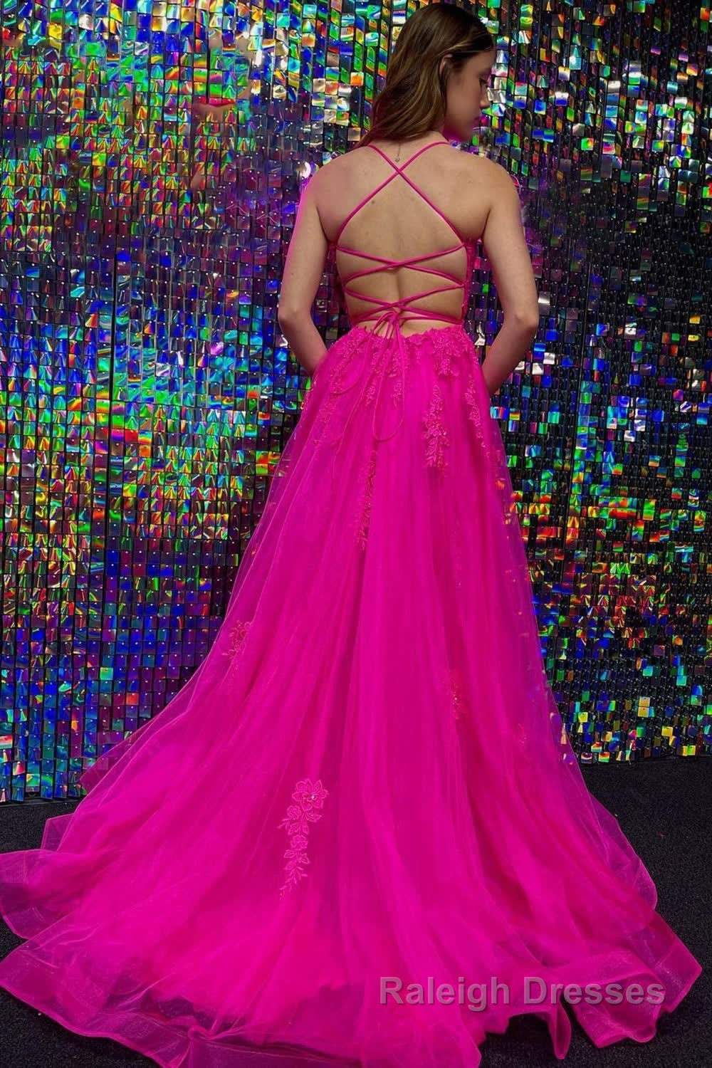 Hot Pink Tulle A Line Prom Dress with Appliques Secondary image