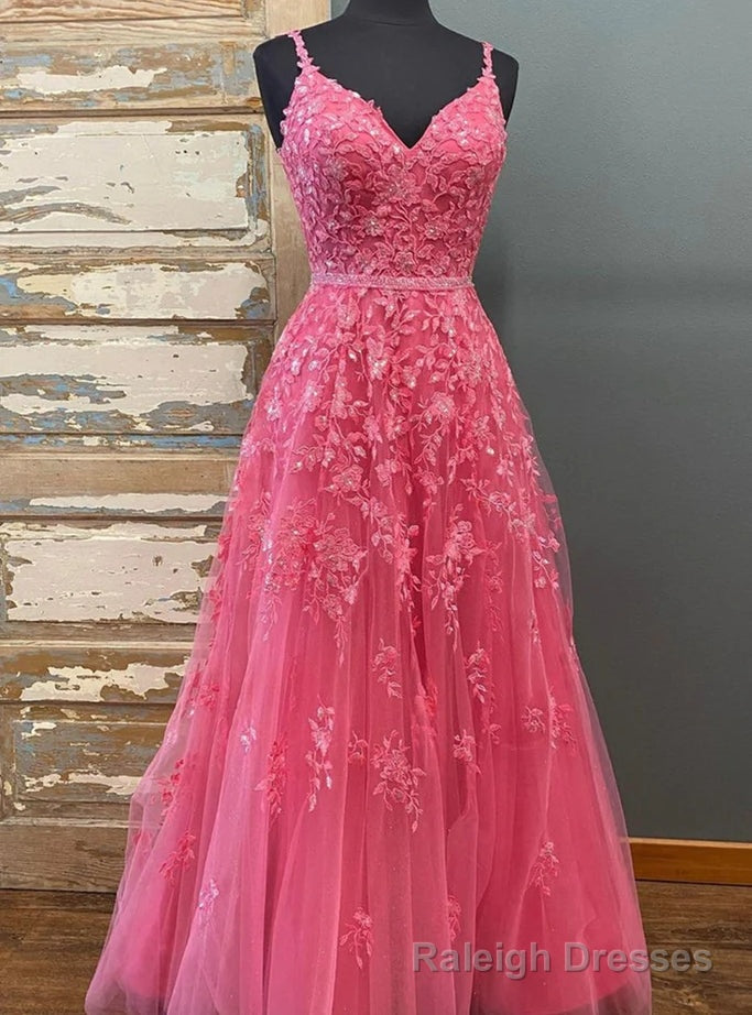 Hot Pink Tulle Beading Spaghetti Straps Prom Dress Main image