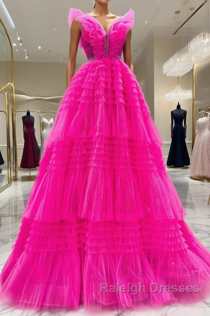 Hot Pink Tulle Long Prom Dresses, Hot Pink Long Formal Graduation Dresses Main image