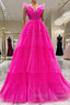 Hot Pink Tulle Long Prom Dresses, Hot Pink Long Formal Graduation Dresses