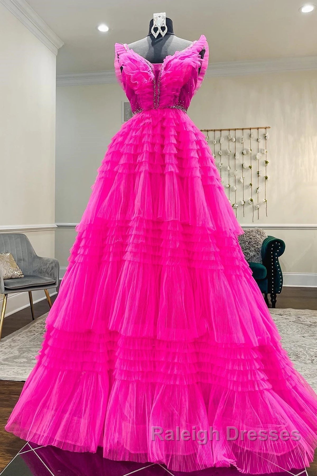 Hot Pink Tulle Long Prom Dresses, Hot Pink Long Formal Graduation Dresses Secondary image