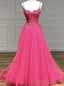 Hot Pink Tulle Spaghetti Straps Appliques Prom Dress
