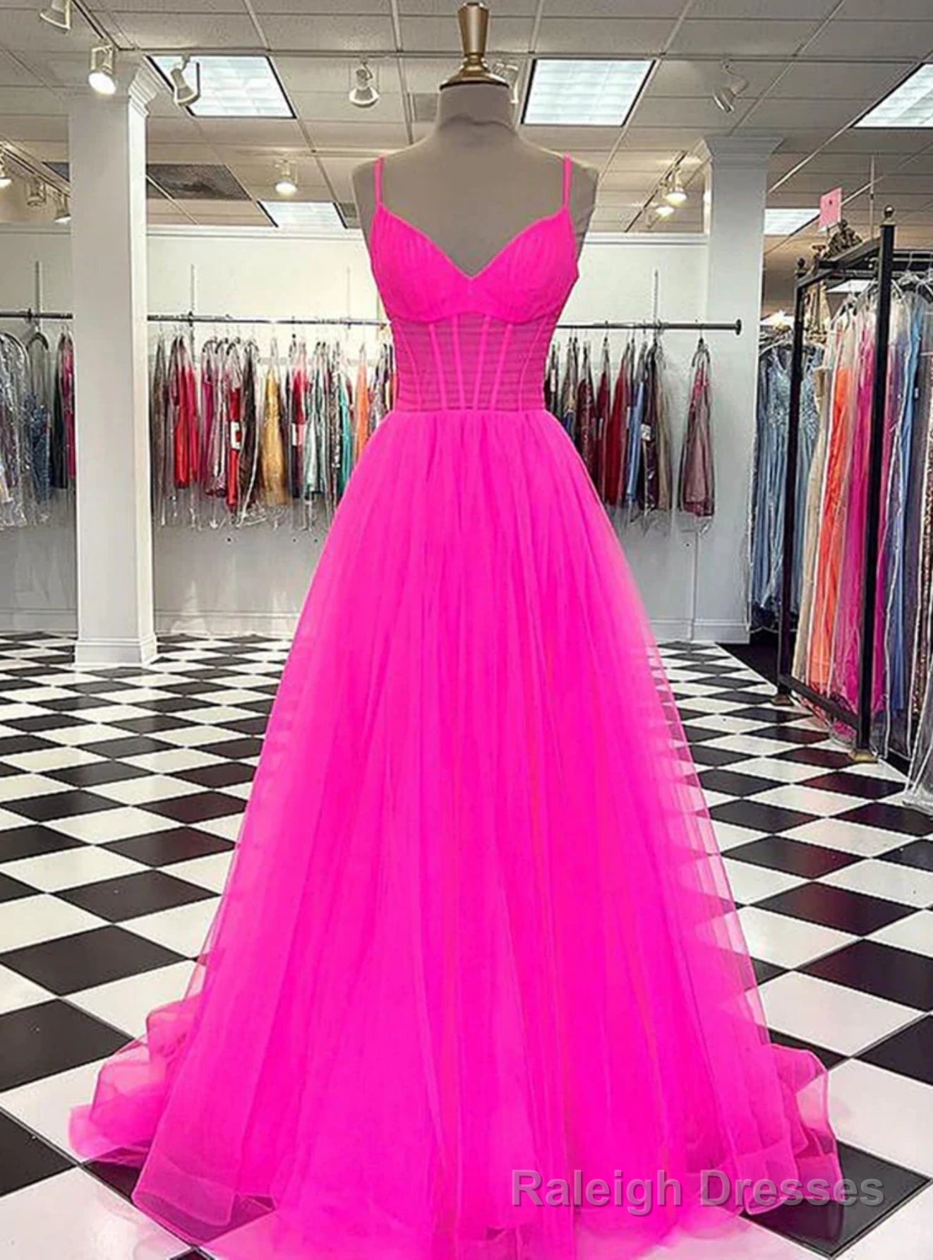 Hot Pink Tulle Spaghetti Straps Prom Dress Main image