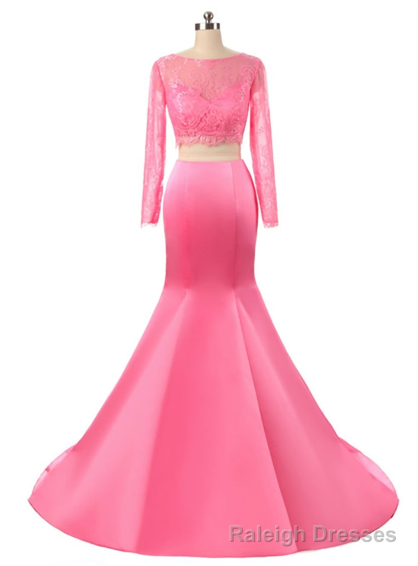 Hot Pink Two Piece Lace Bodice Prom dress With Long Sleeve Custom Made Formal Dress
