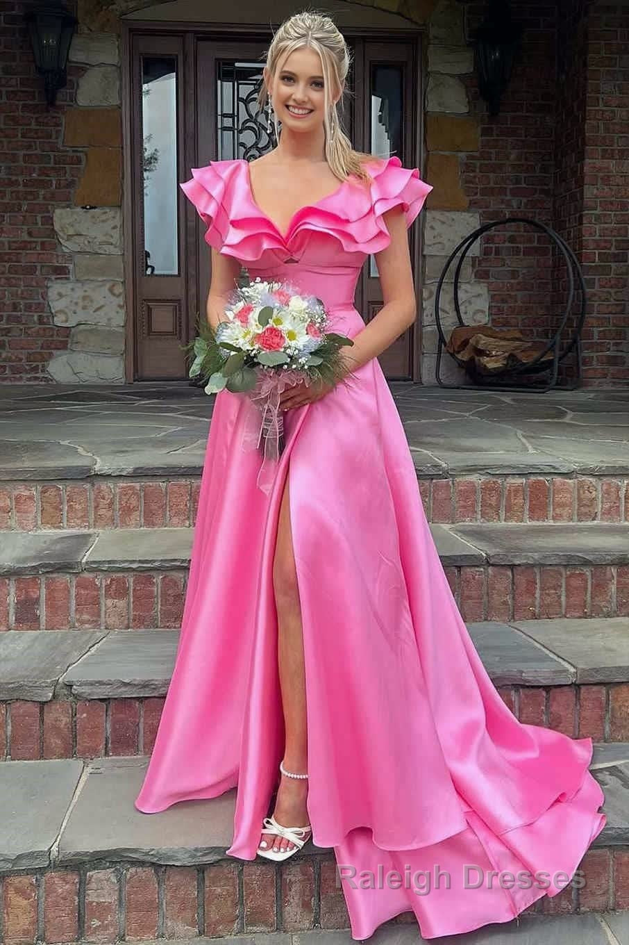 Hot Pink V-Neck Ruffle A-Line Long Prom Dress Main image