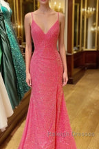 Hot Pink V Neck Sequins Long Prom Dresses Crossed Back Mermaid With Slit