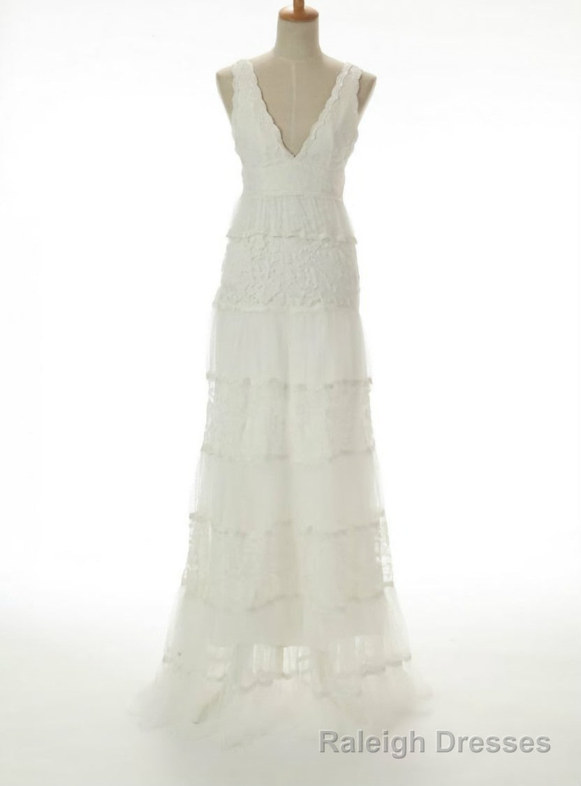 Hot Sale A Line V Neck Cascade Gorgeous Lace Wedding Dresses